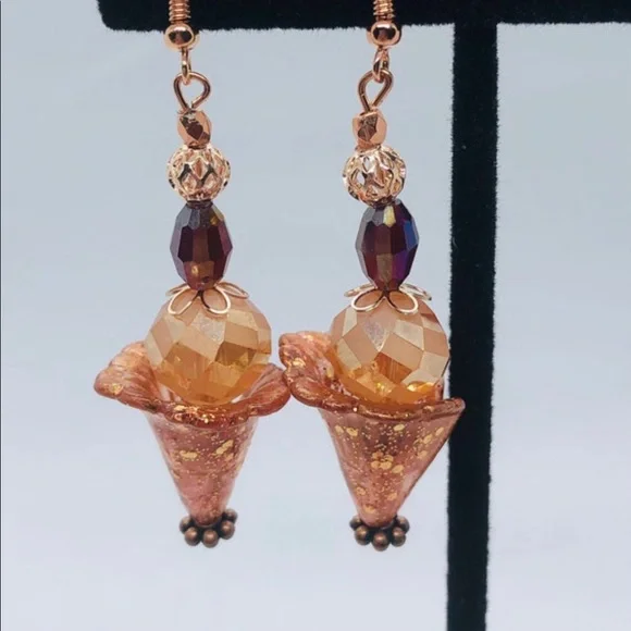 🎁⭐️Hand painted boho watercolor earrings-peach and copper drop - Picture 7 of 9